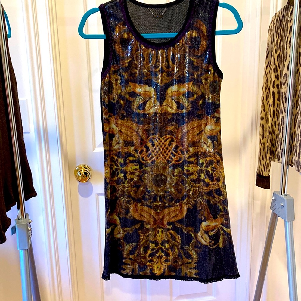 Custo Barcelona sequin print knit dress.  Black back. Size 6
